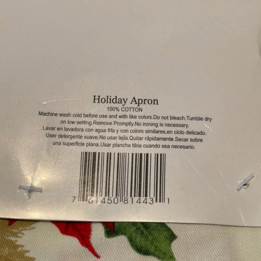 Holiday Apron Christmas Poinsettia Holly Berry 100% Cotton 26x32 Cream Red Green
